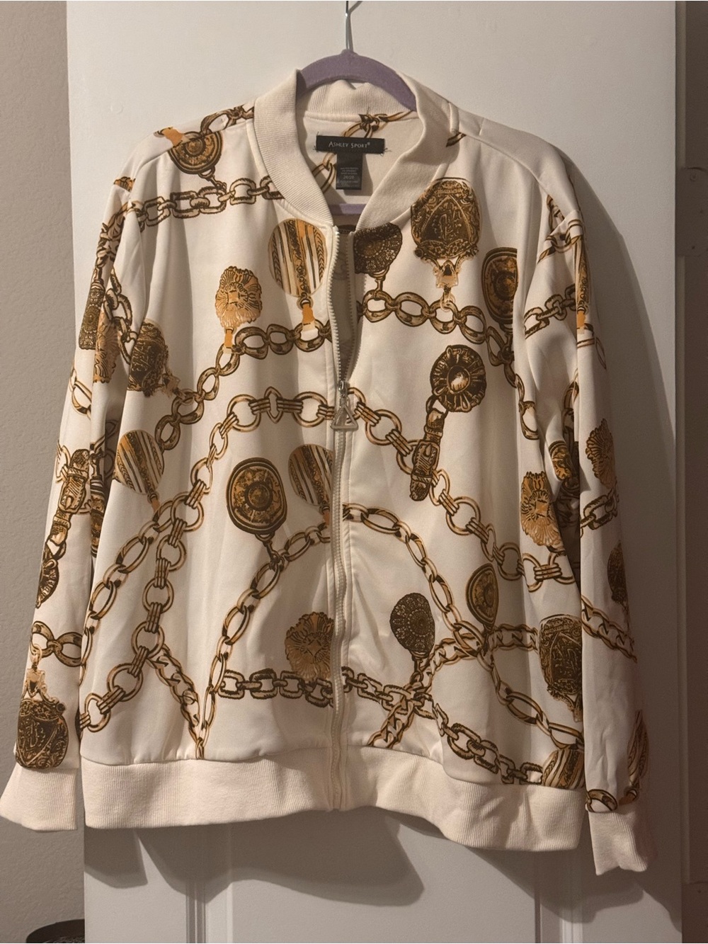 Ashley Stewart Cream Bomber Jacket with Gold Chain Print 2 pc set
